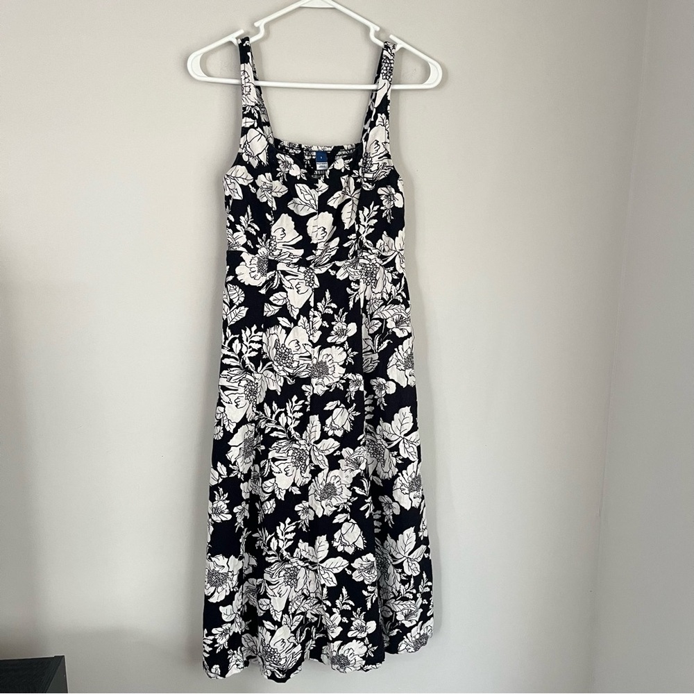 Old Navy Black Floral Linen Blend Midi Dress Size Small Fit & Flare